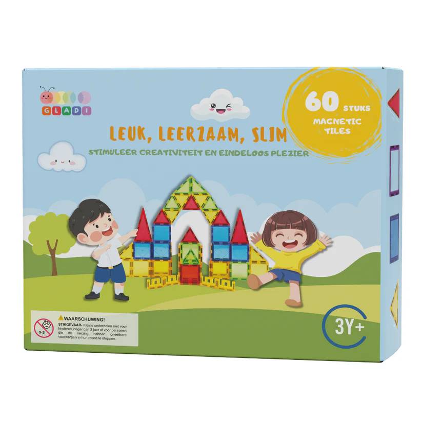Gladi 60 Stuks - Magnetisch Speelgoed - Magnetic Tiles - Speelgoed 3 jaar t/m 12 jaar - STEM Speelgoed - A merk kwaliteit