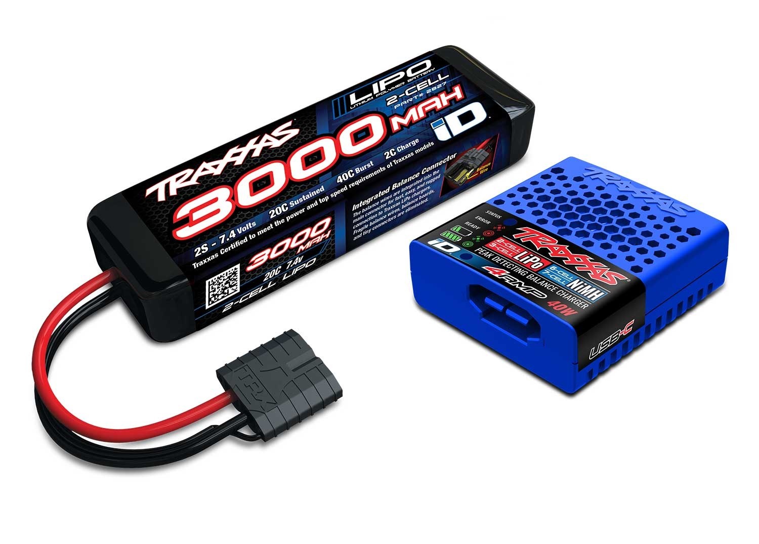 Traxxas 2S Combo (2X 2827X 7.4V LiPo 3000mAh & 1X 2985 USB-C 40W lader)
