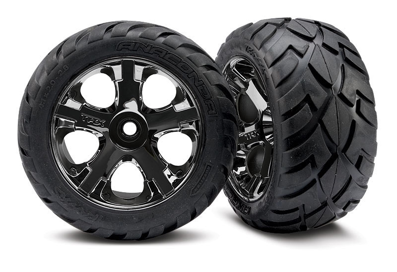 Tires & wheels, assembled, glued (all-star black chrome wheels, anaconda tires, foam inserts) (nitro rear/ electric front) (1 left, 1 right) afbeelding