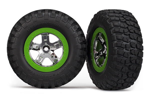 Tire & wheel assy, glued (sct, chrome, green beadlock wheel, bfgoodrich) (TRX-5865) afbeelding