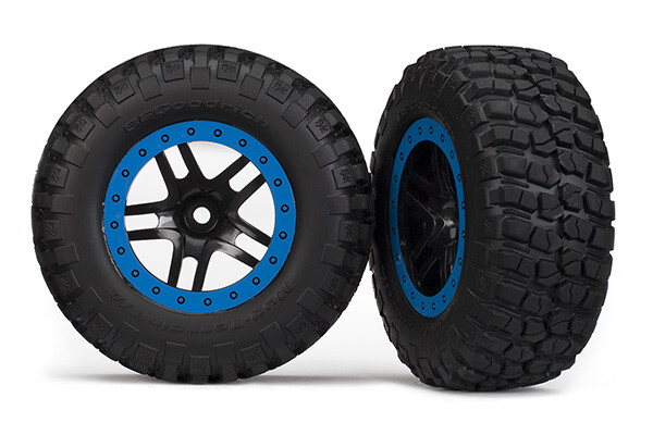 Tire & wheel assy, glued (SCT Split-Spoke, black, blue beadlock wheels, BFGoodrich Mud-Terrain T/A KM2 tires, inserts) (2) (2WD Front)