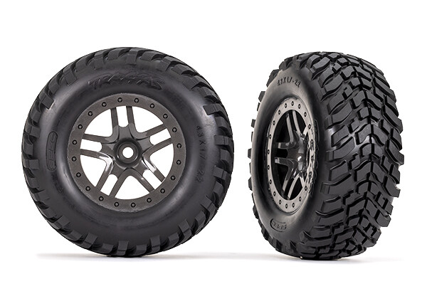 Traxxas - Tires & wheels, assembled, glued (SCT Split-Spoke gray beadlock style wheels, SCT off-road racing tires, foam inserts) (2) (4WD f/r, 2WD ... afbeelding