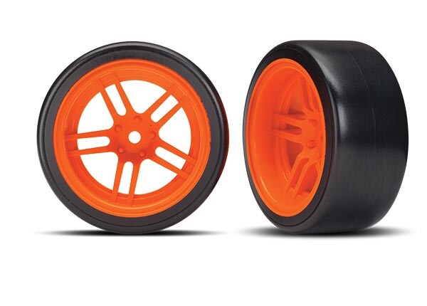 Traxxas - Tires and wheels, assembled, glued (split-spoke orange wheels, 1.9" Drift tires) (rear) (TRX-8377A) afbeelding