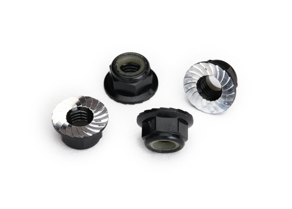 Nuts, 5mm flanged nylon locking (aluminum, black-anodized, serrated) (4) (TRX-8447A)