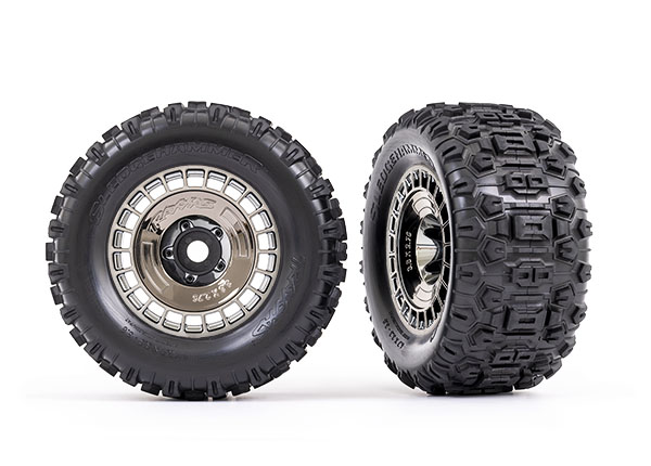 Traxxas - Tires and wheels, assembled, glued (3.8" black chrome wheels, black chrome wheel covers, Sledgehammer tires, foam inserts) (2) (TRX-9572T) afbeelding
