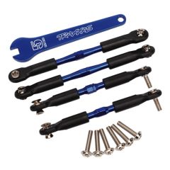 Turnbuckles, aluminum (blue-anodized), camber links, front, 39mm (2), rear, 49mm (2) (assembled w/rod ends & hollow balls)/ wrench