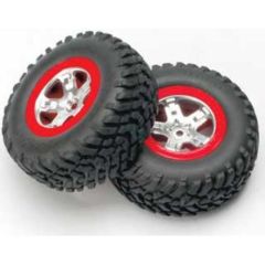 Tires & wheels, assembled, glued (sct satin chrome wheels, red beadlock (dual profile 2.2" outer, 3.0" inner), sct off-road tires, foam inserts) (2) (rear)