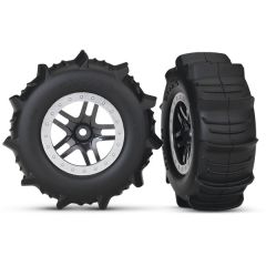 Tires & wheels, assembled, glued (SCT Split-Spoke satin chrome, beadlock style wheels, paddle tires, foam inserts) (2) (4WD front/rear, 2WD rear only) (TSM rated)