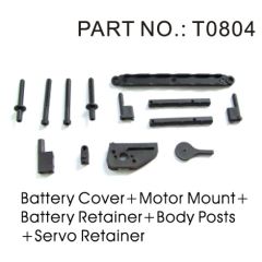 Battery strap, battery post, battery and motor retainer, body post, and servo mounts