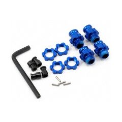 Traxxas - Wheel hubs, splined, 17mm, short (2), long (2)/wheel nuts, splined, 17mm (4) (blue-anodized)/ hub retainer M4x0.7 (4)/axle pin (4)/wrench, 5mm