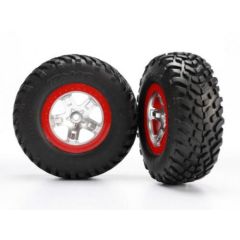 Tires & wheels, assembled, glued (sct satin chrome red beadlock wheels, ultra soft s1 compound off-road racing tires, inserts) (2) (2wd rear, 4wd f/r)