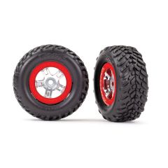 Tires and wheels, assembled, glued (sct satin chrome wheels, red beadlock style, sct off-road racing tires, foam inserts) (1 each, right & left)