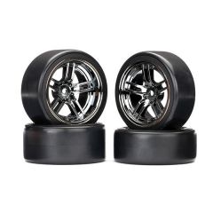 Traxxas - Tires and wheels, assembled, glued (split-spoke black chrome wheels, 1.9" Drift tires) (front and rear) (TRX-8378)