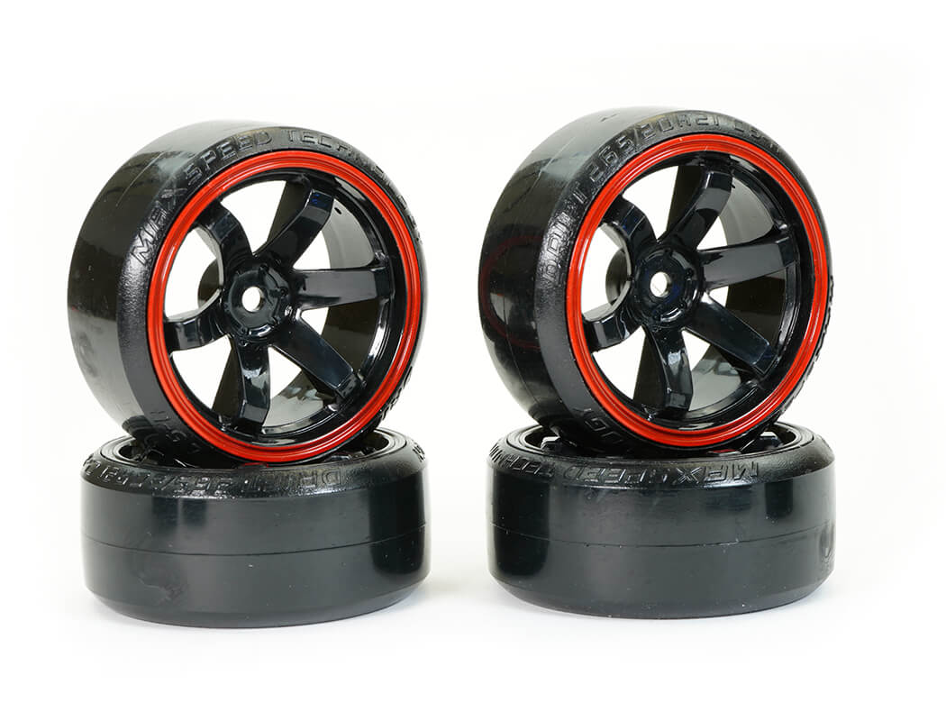 Fastrax 1/10 straat/drift banden op 6 spaaks velgen (6mm Offset)- Zwart/Rood