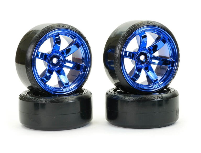 Fastrax 1/10 straat/drift banden op 6 spaaks velgen (6mm Offset) - Blauw Chrome