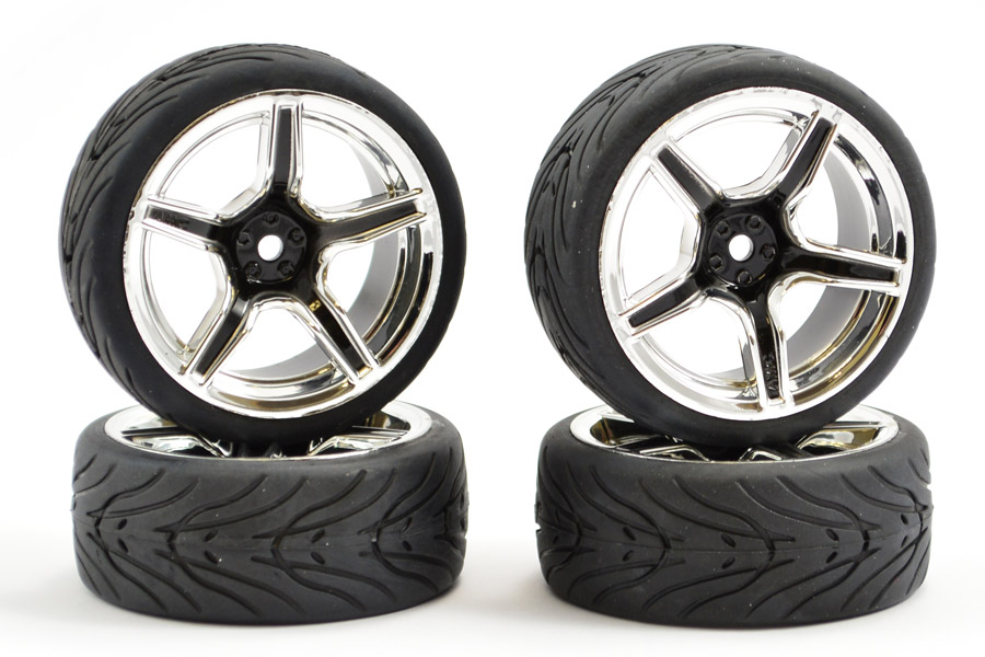 Fastrax 1/10 onroad banden op 5 spaaks velgen - Zwart/Chroom