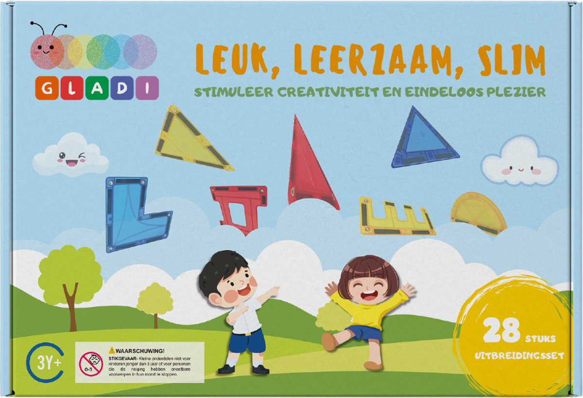 Gladi Tiles 28 Stuks Magnetisch Speelgoed Uitbreidingsset - Magnetic Tiles - STEM Speelgoed voor 3 t/m 12 Jaar - Magnetische Tegels - Educatief Bouwspeelgoed