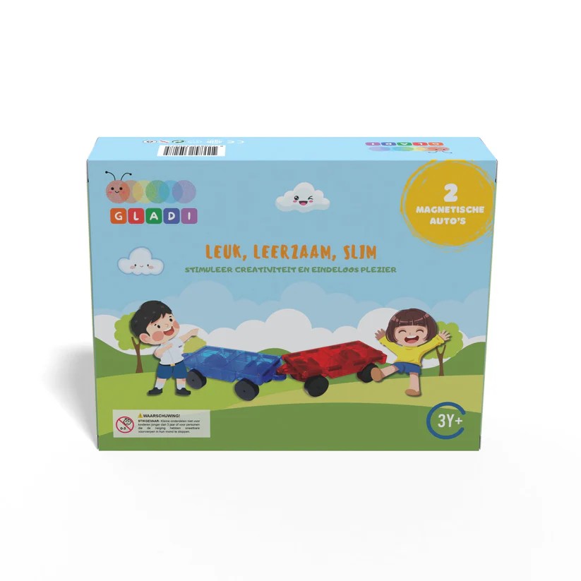 Gladi Tiles Uitbreidingsset - 2 Magnetische Auto's - Magnetisch Speelgoed - Magnetic Tiles - STEM Speelgoed voor 3 t/m 12 Jaar - Magnetische Tegels - Constructie speelgoed - Educat