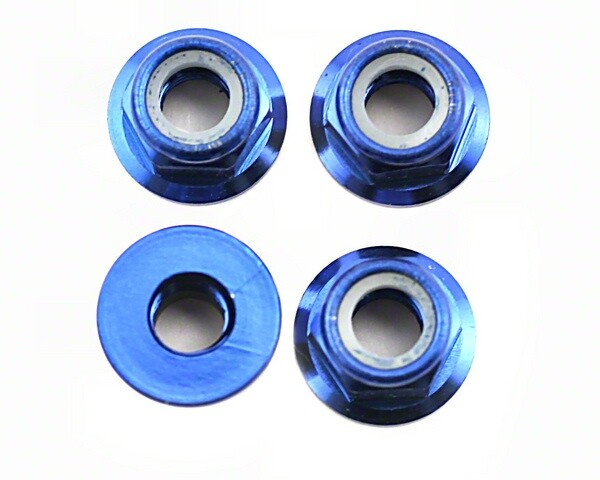 Nuts, 5mm flanged nylon locking (aluminum, blue-anodized) (4)