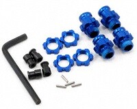 Wheel hubs, splined, 17mm, short (2), long (2)/wheel nuts, splined, 17mm (4) (blue-anodized)/ hub retainer M4x0.7 (4)/axle pin (4)/wrench, 5mm