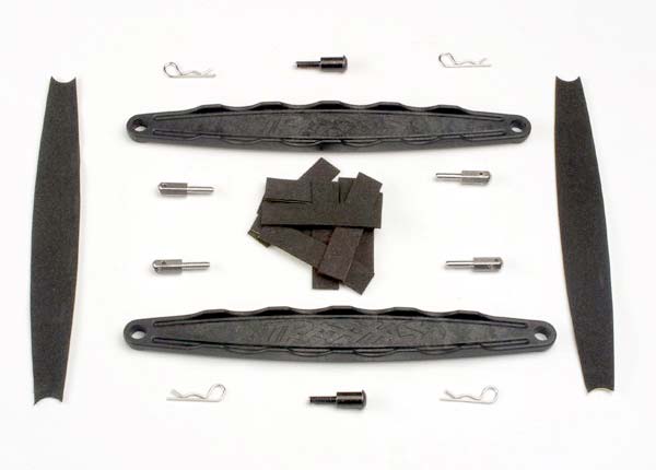 Hold downs, battery (2)/ adhesive foam battery pads/ shoulder screws (2)/ battery hold-down posts (4)/ clips (4) afbeelding