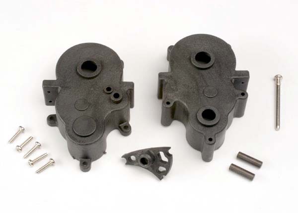 Gearbox halves (f&r)/ screws (3x12 rst)(5)/40mm guide pin/ idler gear shafts (2)/idler gear shaft support (1)