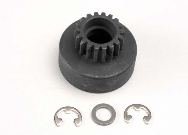 Clutch bell, (18-tooth)/ 5x8x0.5mm fiber washer (2)/ 5mm e-clip (requires #4609 - ball bearings, 5x10x4mm (2)) afbeelding