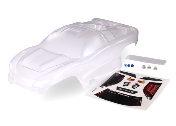 Body, nitro rustler (clear, requires painting)/window, grill, lights decal sheet/ wing and aluminum hardware