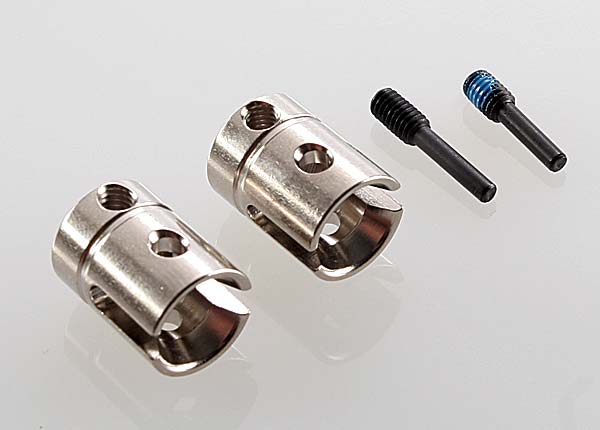 Drive cups (2) (attaches to 5mm trans output shaft)/screw pins, m4/15 (2) (for t-maxx steel constant-velocity center driveshafts)