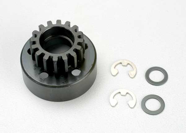 Clutch bell (16-tooth)/5x8x0.5mm fiber washer (2)/ 5mm e-clip (requires 5x11x4mm ball bearings part #4611) (1.0 metric pitch) afbeelding