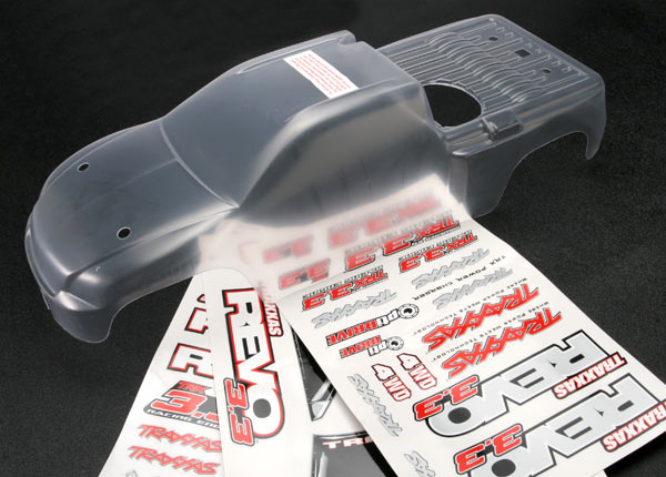 Body, revo 3.3 (extended chassis) (clear, requires painting)/window, grill, lights decal sheet
