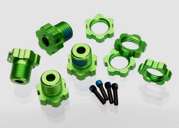 Wheel hubs, splined, 17mm (green-anodized) (4)/ wheel nuts, splined, 17mm (blue-anodized) (4)/ screw pins, 4x13mm (with threadlock) (4) afbeelding