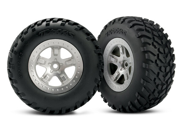 Tires & wheels, assembled, glued (sctsatin chrome wheels, (dual profile 2.2" outer 3.0" inner), sct off-road racing tires, foam inserts) (2) (rear) afbeelding