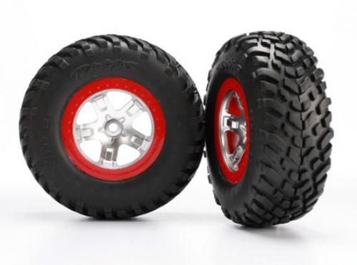 Tires & wheels, assembled, glued (sct satin chrome red beadlock wheels, ultra soft s1 compound off-road racing tires, inserts) (2) (2wd rear, 4wd f/r)