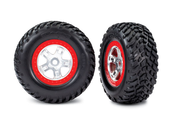 Tires & wheels, assembled, glued (sct, satin chrome wheels, red beadlock (dual profile 2.2" outer 3.0" inner), sct off-road tires, foam inserts) (2)