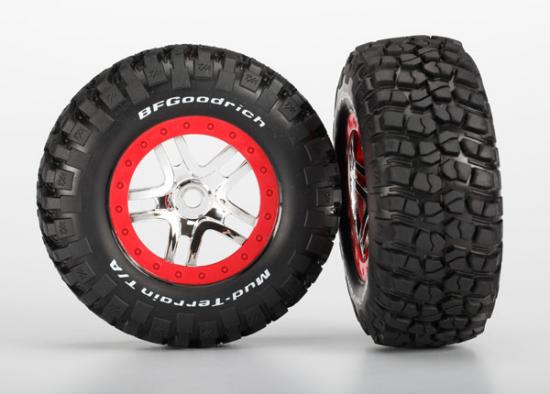 Tires & wheels, assembled, glued (SCT Split-Spoke chrome, red beadlock style wheel, BFGoodrich Mud-Terrain T/A KM2 tire, inserts) (2) (front/rear) afbeelding