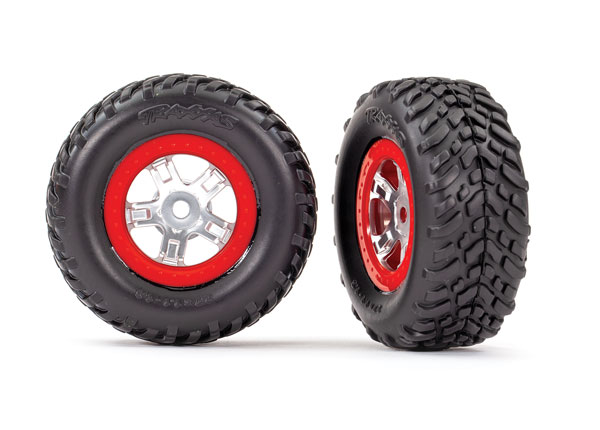 Tires and wheels, assembled, glued (sct satin chrome wheels, red beadlock style, sct off-road racing tires, foam inserts) (1 each, right & left) afbeelding