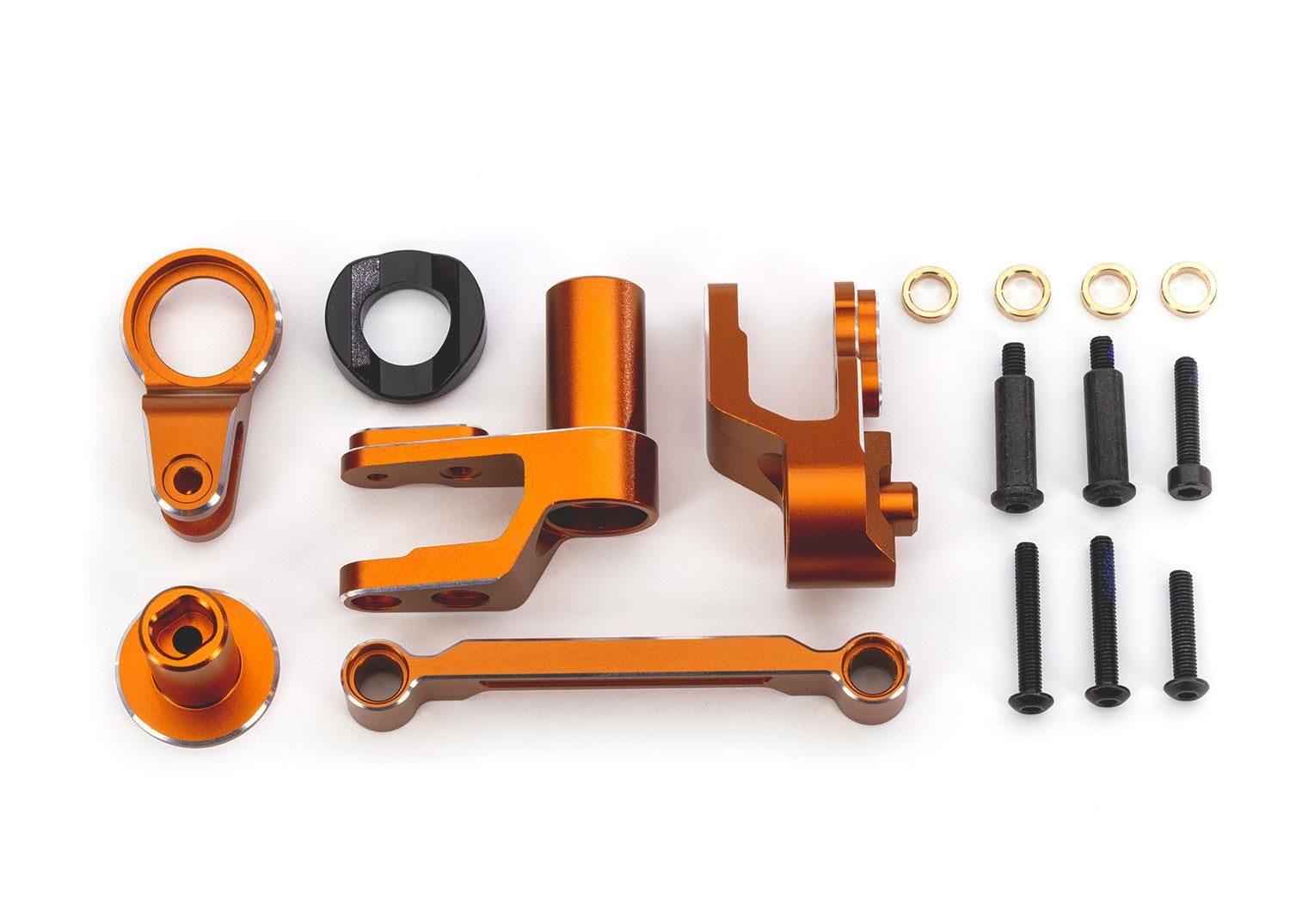 Traxxas - Steering bellcranks, draglink (orange-anodized 6061-T6 aluminum)/ bellcrank bushing (1)/ 3x20mm BCS (with threadlock) (2)/ 3x20mm BCS (wi... afbeelding