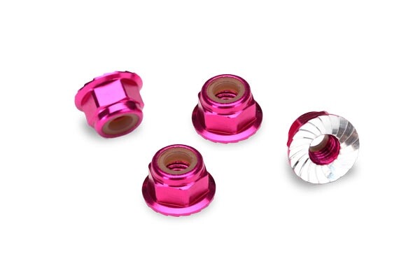 Nuts, aluminum, flanged, serrated (4mm) (pink-anodized) (4) afbeelding