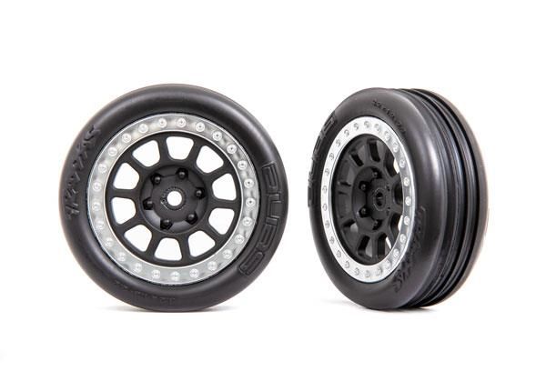 Traxxas - Tires & wheels, assembled (2.2' graphite gray, satin chrome beadlock wheels, Alias ribbed 2.2' tires) (2) (Bandit front, medium compound ...