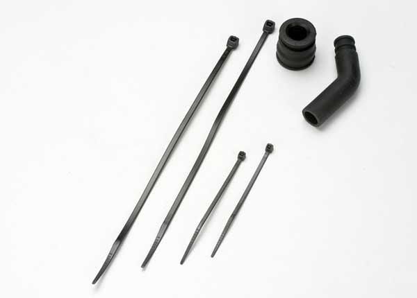 Traxxas - Pipe coupler, molded (black)/ exhaust deflecter (rubber, black)/ cable ties, long (2)/ cable ties, short (2) (TRX-5245X) afbeelding