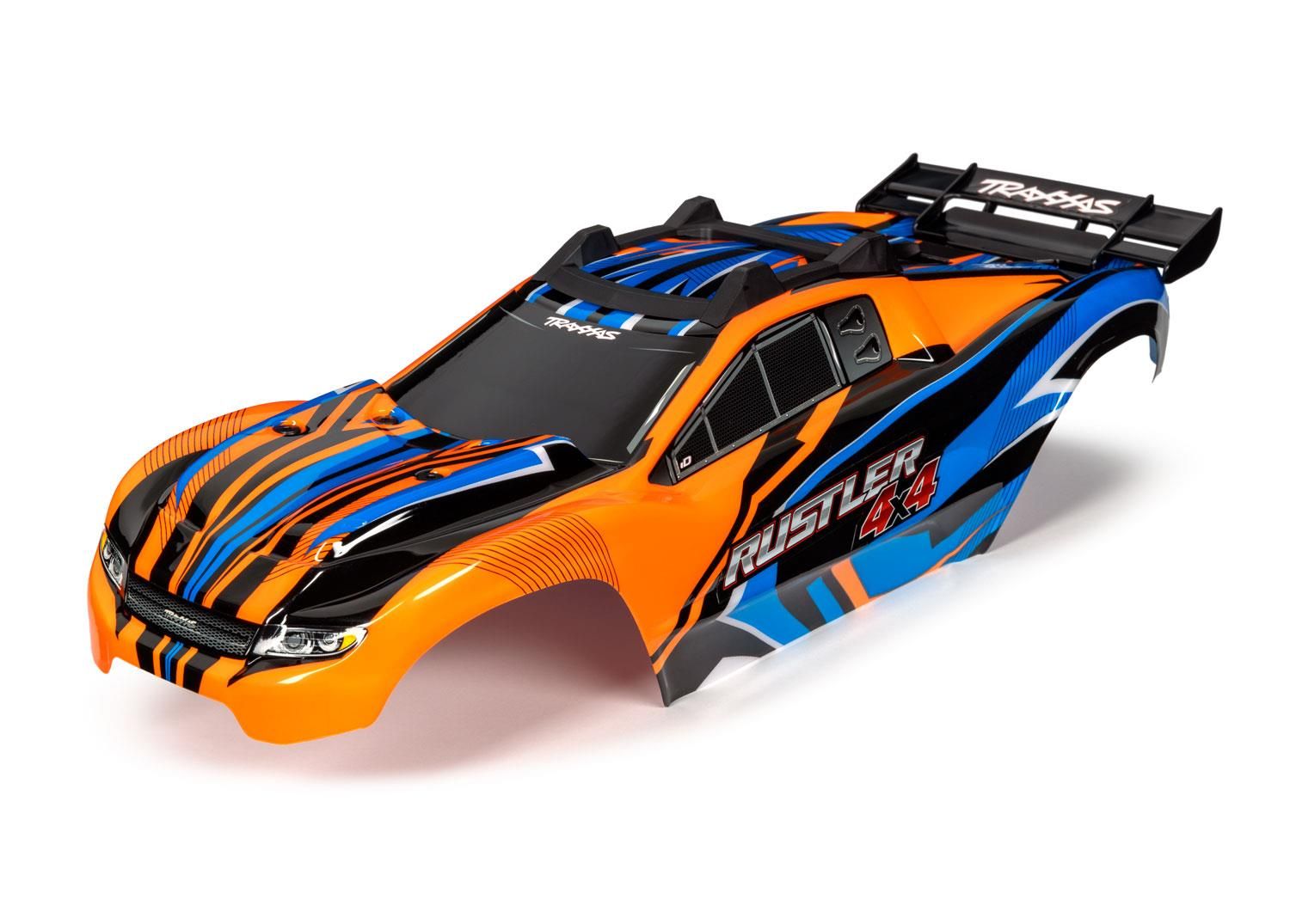 Traxxas - Body, Rustler 4X4, orange & blue/ window, grille, lights decal sheet (TRX-6734T) afbeelding