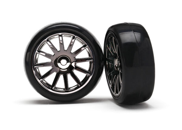Tires & wheels, assembled, glued (12-spoke black chrome wheels, slick tires) (2)