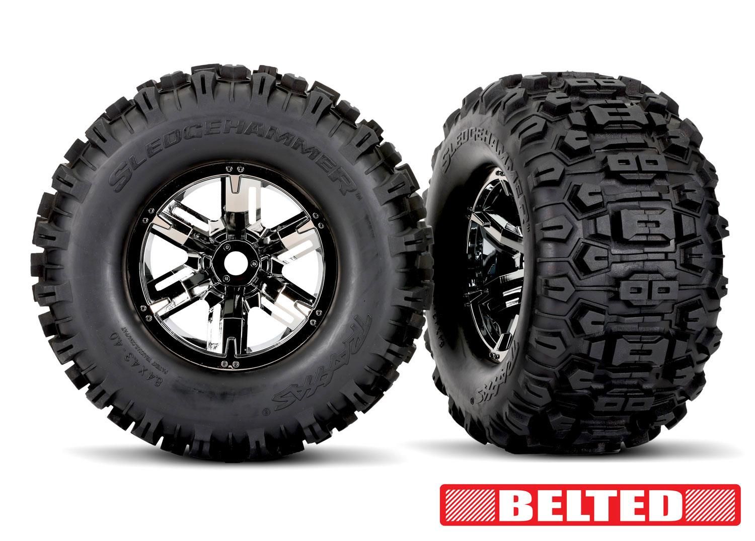 Traxxas - Tires & wheels, assembled, glued (X-Maxx black chrome wheels, Sledgehammer belted tires, dual profile (4.3' outer, 5.7' inner), foam inse...