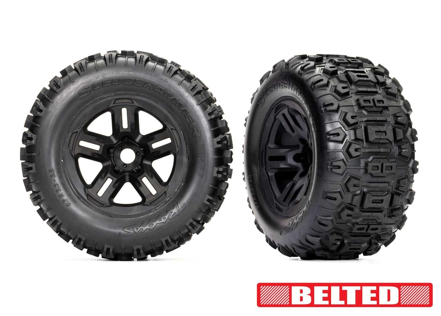 Traxxas - Tires & wheels, assembled, glued (3.8' black wheels, belted Sledgehammer tires, foam inserts) (2) (TRX-9573) afbeelding